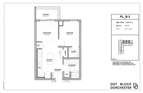 Floor plan for 1 bed, 1 bath, 603 sqft